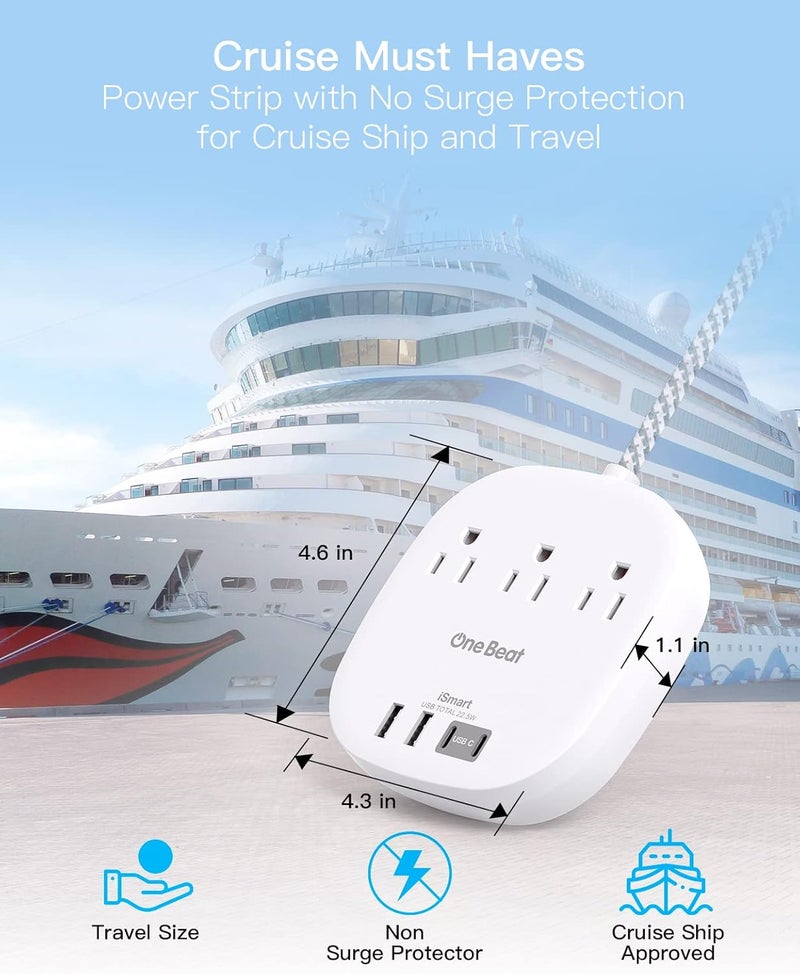 One Beat Flat Plug Power Strip, 6ft Ultra Flat Extension Cord - 3 Outlets 4 USB Ports (2 USB C) 22.5W/4.5A Desktop Charging Station, Power Strip No Surge Protection for Cruise Ship, Dorm Room Travel Essentials - Image 5